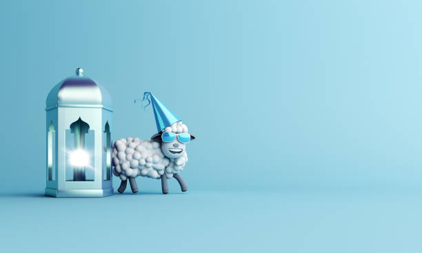 istock Sheep with glasses and  arabic lamp lantern on studio lighting blue pastel background. 1161287903