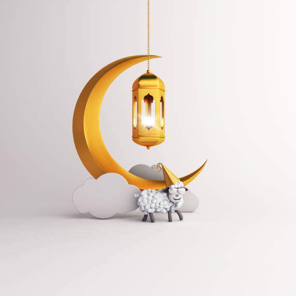 istock Sheep, cloud, gold crescent moon, hanging arabic lamp on studio lighting white background. 1161287913