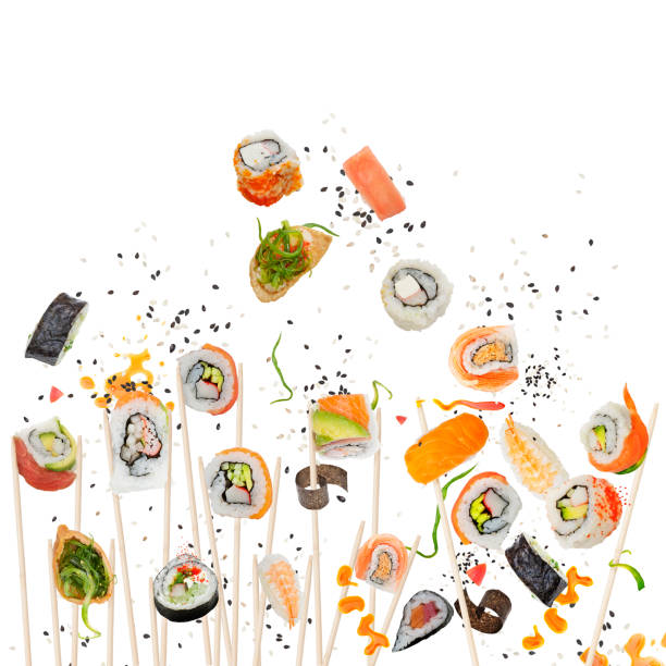 istock sushi rolls with wooden chopsticks on white background 1161287929