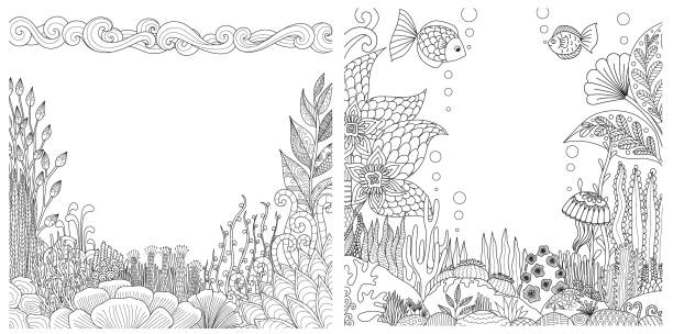Coral reefs set Line art of floral coral reefs,rocks and fish collection with copy space for design element. Vector illustration coloring book page illlustration technique illustrations stock illustrations