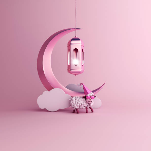 istock Sheep, cloud, crescent moon, hanging arabic lamp on studio lighting pink pastel background. 1161287950