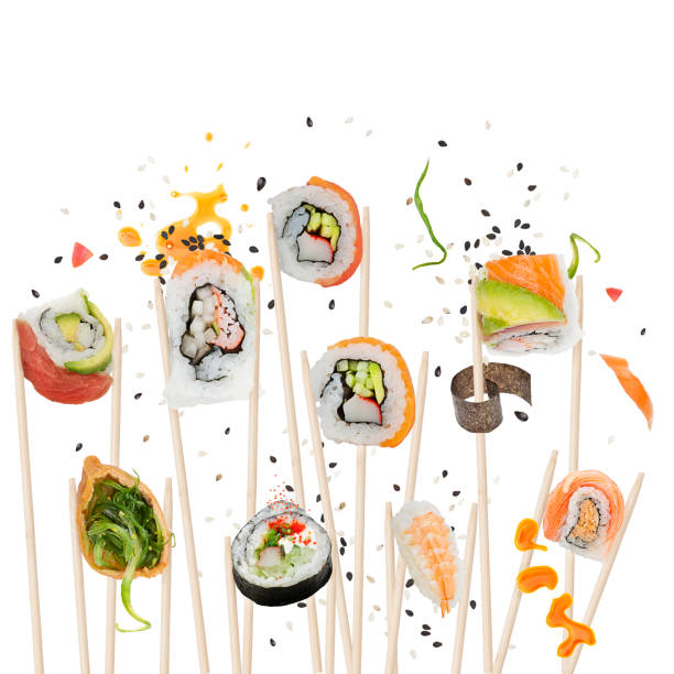istock sushi rolls with wooden chopsticks on white background 1161288033