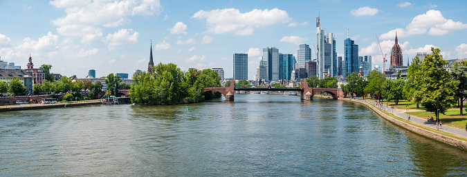 Panorama of waterfront of Frankfurt in Germany on the River Main with buildings in the financial district