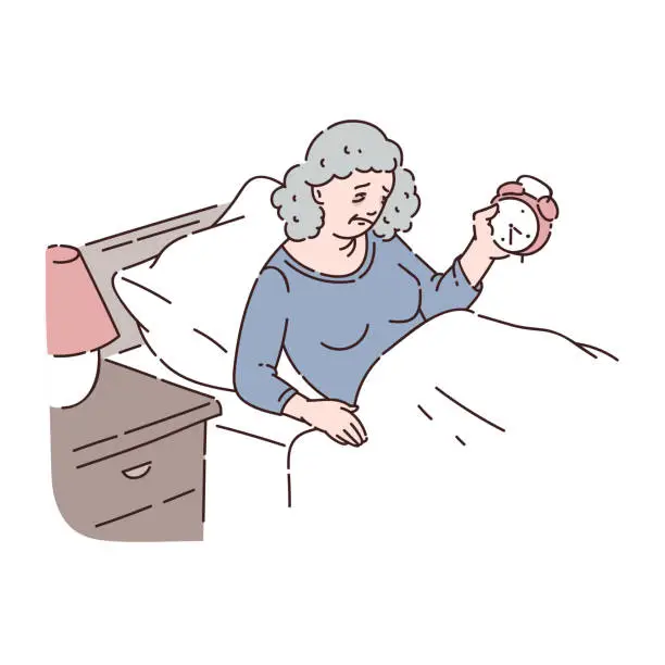 Vector illustration of Tired senior woman lie in bed and hold alarm clock at late night sketch style