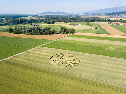 Msterious crop circle emerged overnight in wheat field with beautiful pattern, Canton Berne, Bueren an der Aare, Switzerland