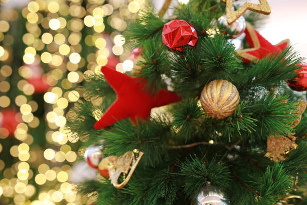 istock Christmas balls and light hanging on pine tree branches. Xmas winter background. 1161302956