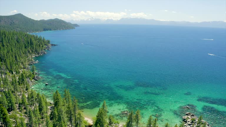 Scenic aerial views on beautiful Tahoe Lake. Crystal clear water and bright summer colors.