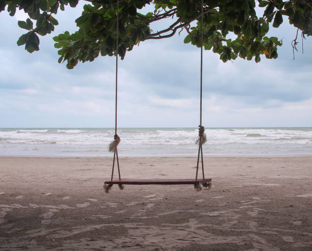 istock Landscape beach and single wooden swing with soft wind , natural sea background 1161309372