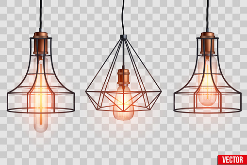Decorative edison light bulb in Retro design copper wire lampshade. Original Vintage design. Switch on. Vector Illustration isolated on transparent background