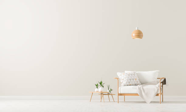 istock Empty wall mock up in Scandinavian style interior with armchair. Minimalist interior design. 3D illustration. 1161313568