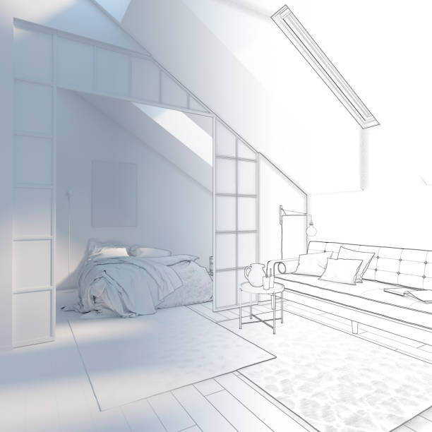 istock Sketch of apartments in the attic goes into white computer stuff. 1161314267
