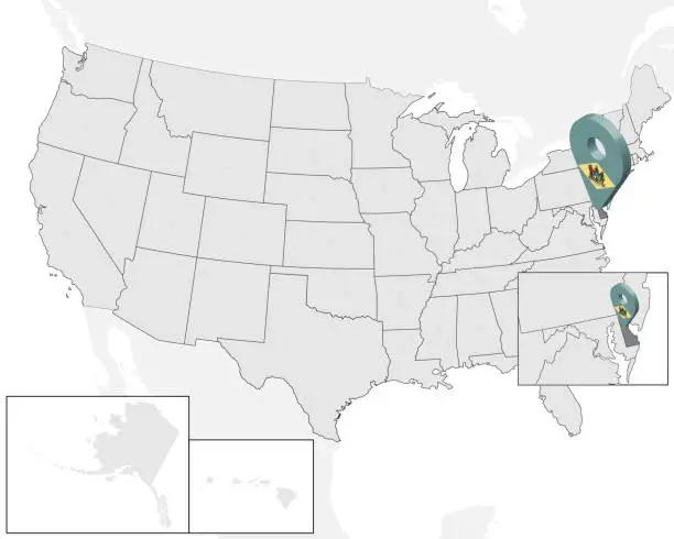 Vector illustration of Location Map of  State Delaware on map USA. 3d State Delaware flag map marker location pin. High quality map of  Delaware.  Vector illustration EPS10.