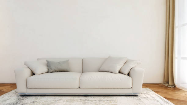 istock Modern interior design of living room with empty wall, mockup, backdrop, template, copy space, 3d rendering