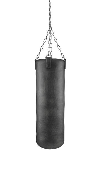 istock Black boxing bag on chains isolated on white background 1161315366