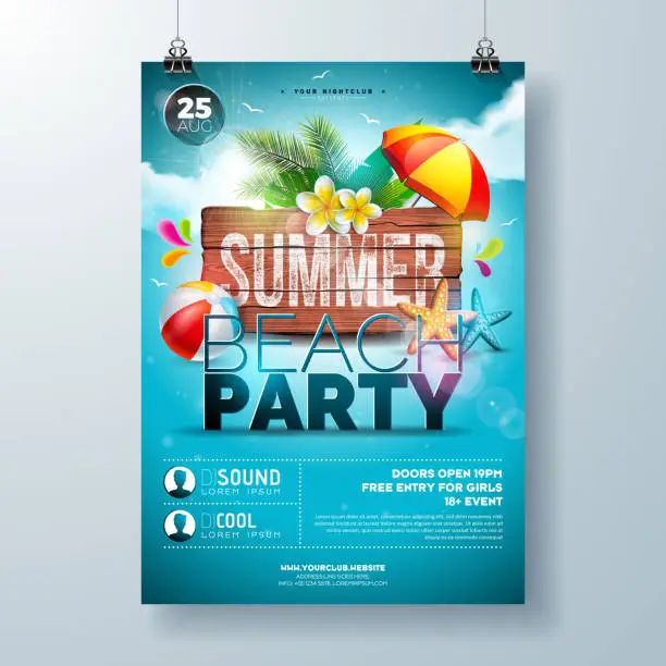 Vector illustration of Vector Summer Beach Party Flyer Design with Flower, Palm Leaves and Starfish on Ocean Blue Background. Summer Holiday Illustration with Vintage Wood Board, Tropical Plants and Cloudy Sky for Banner, Flyer, Invitation or Poster.