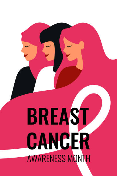 ilustraciones, imágenes clip art, dibujos animados e iconos de stock de tarjeta vertical del mes de concienciación sobre el cáncer de mama con texto, cinta y tres mujeres jóvenes diferentes usan ropa rosa - mujeres-de-banners-verticales