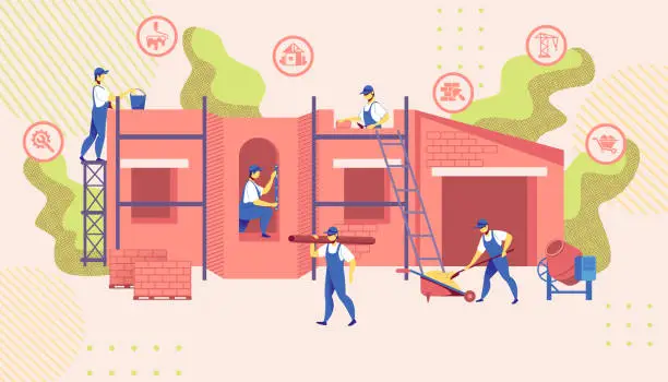 Vector illustration of Group of Engineers Build New Building Construction