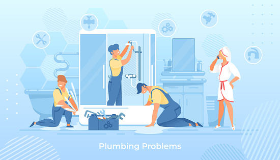 Group of Plumbers Fixing Shower Cabin in Bathroom. Woman in Bath Robe Calling to Service. Workers in Overalls, Husband on an Hour, Masters Help with Broken Technics. Cartoon Flat Vector Illustration