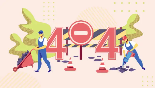 Vector illustration of 404 Error. Workers Destroying Asphalt, Road Repair