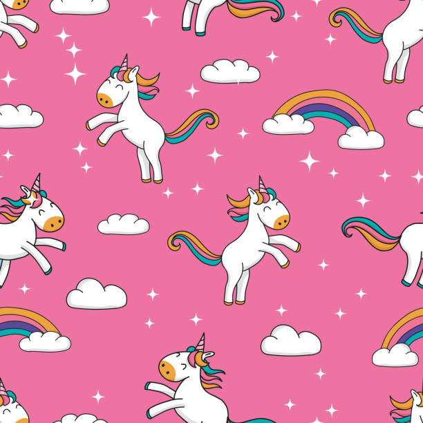 Seamless Pattern With Cute Hand Drawn Cartoon Unicorns And Rainbow Design  On Pink Glitter Background Sweet Repeat Background Great For Textiles  Banners Wallpapers Stock Illustration - Download Image Now - iStock
