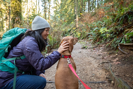 Personal perspective of multi-ethnic teen girl and pet Vizsla dog in Seymour Demonstration Forest, North Vancouver, British Columbia, Canada