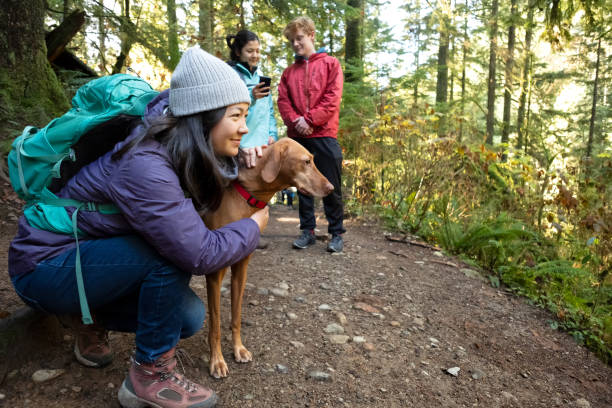 Millennials Using Mobile Mapping App with Vizsla Dog in Forest Multi-ethnic teen girl using trail mapping app in Seymour Demonstration Forest, North Vancouver, British Columbia, Canada pacific northwest region stock pictures, royalty-free photos & images
