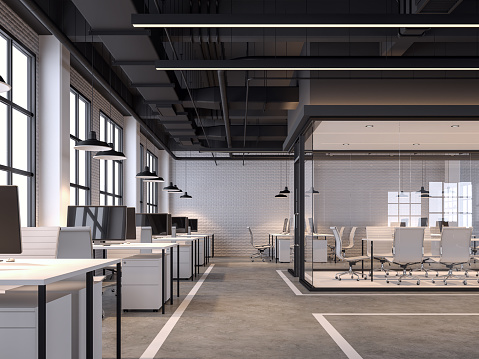 Modern loft style office 3d render.There are white brick walls, polished concrete floors and black ceilings with piping systems. decorated with white furniture, with large windows, natural light shining inside.