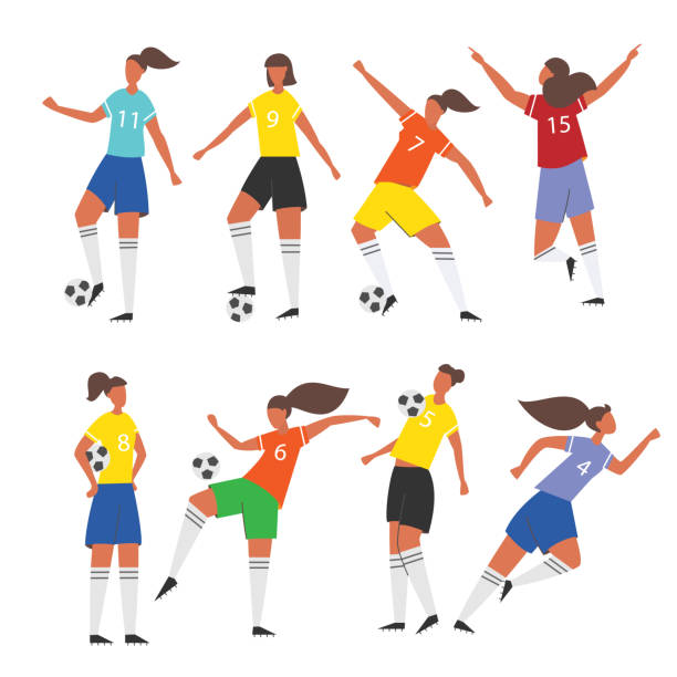Woman soccer players. Female Football vector illustration. Woman football league. Collection of female soccer players. Girls kicking ball. Sport set vector illustration. georgia football stock illustrations