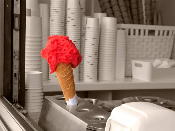 Photo of Strawberry or watermelon ice cream in a waffle cone