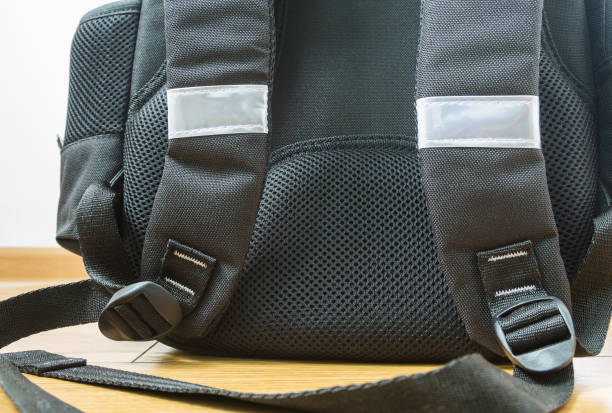 istock Reflective fluorescent signal stripes on a school backpack for pedestrian visibility in the car's headlights. Preparation for school, concept. Close-up, selective focus. 1161338984