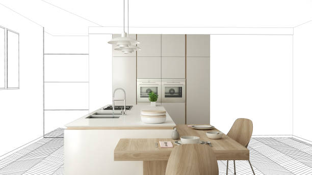 istock Unfinished project, under construction draft, concept interior design sketch, hand pointing real modern minimalist kitchen with blueprint background, architect and designer idea 1161340804