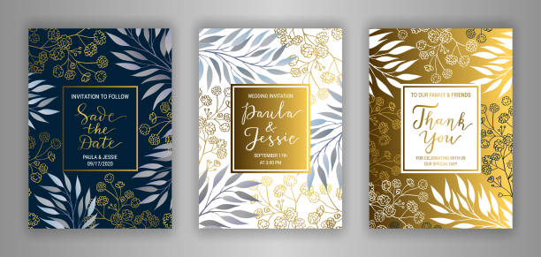 Wedding vector invitation card template set. Wedding invitation card template EPS 10 vector set. Elegant branches, leaves, gypsophila flower background. Thank you, Save the date hand-drawn lettering phrase inscription. Black, white, gold decor thank-you-gold-greeting-card stock illustrations