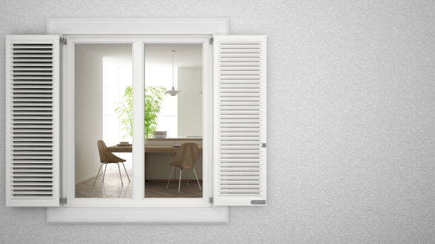 istock Exterior plaster wall with white window with shutters, showing interior modern kitchen, blank background with copy space, architecture design concept idea, mockup template 1161346969