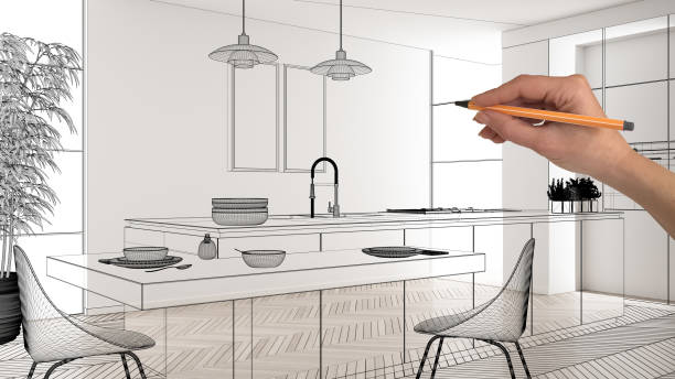 istock Empty white interior with white marble ceramic tiles, hand drawing custom architecture design, black ink sketch, blueprint showing modern minimalist kitchen, concept, mock-up, idea 1161347001