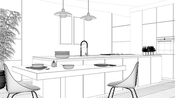 istock Blueprint project draft, modern clean contemporary kitchen, island and wooden dining table with chairs, bamboo and potted plants, window and parquet floor, interior design concept idea 1161347774