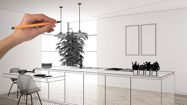 istock Empty white interior with white marble ceramic tiles, hand drawing custom architecture design, black ink sketch, blueprint showing modern minimalist kitchen, concept, mock-up, idea 1161347798