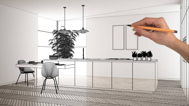 istock Empty white interior with white marble ceramic tiles, hand drawing custom architecture design, black ink sketch, blueprint showing modern minimalist kitchen, concept, mock-up, idea 1161347958
