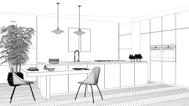 istock Blueprint project draft, modern clean contemporary kitchen, island and wooden dining table with chairs, bamboo and potted plants, window and parquet floor, interior design concept idea 1161348007