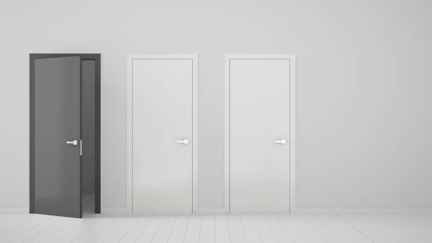 istock Empty room interior design with two white closed doors and one open gray door with frame, wooden white floor. Choice, decision, selection, option concept idea with copy space 1161348197