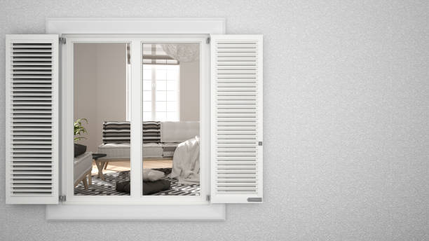 istock Exterior plaster wall with white window with shutters, showing interior living room, blank background with copy space, architecture design concept idea, mockup template 1161348950