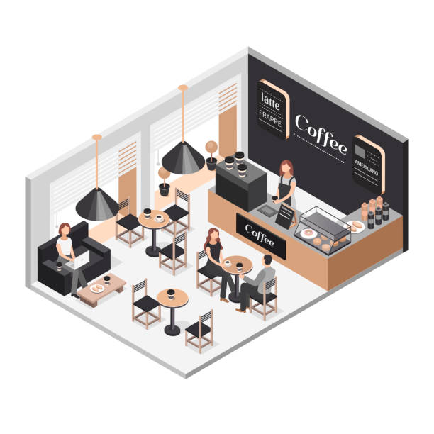 ilustraciones, imágenes clip art, dibujos animados e iconos de stock de ilustración isométrica de la cafetería - isometric people cafe coffee shop