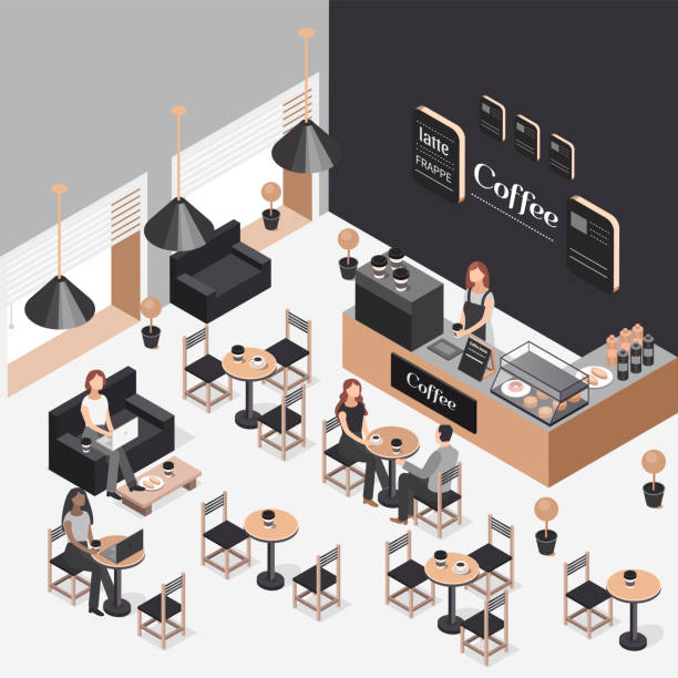 コーヒーショップのアイソメトリックイラスト - isometric people cafe coffee shop点のイラスト素材／クリップアート素材／マンガ素材／アイコン素材