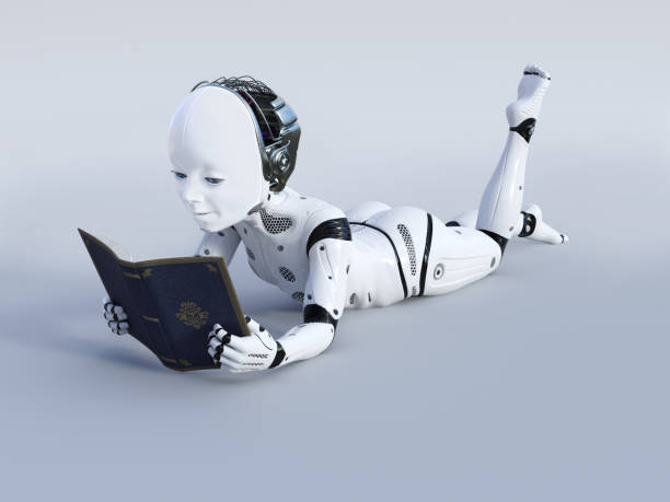 rendering 3d di bambini robotici che leggono un libro. - bibliophile foto e immagini stock