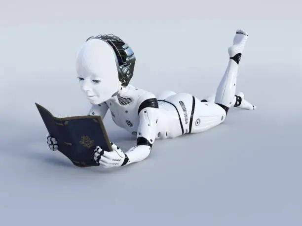 Photo of 3D rendering of robotic child reading a book.