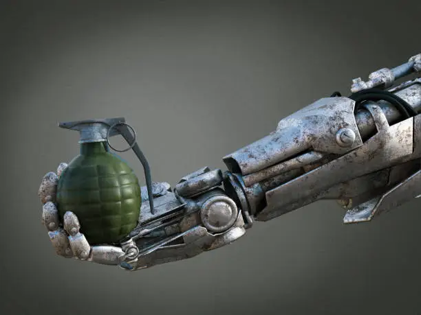 3D rendering of a futuristic robot soldier hand holding a grenade. Robotic military warfare concept.