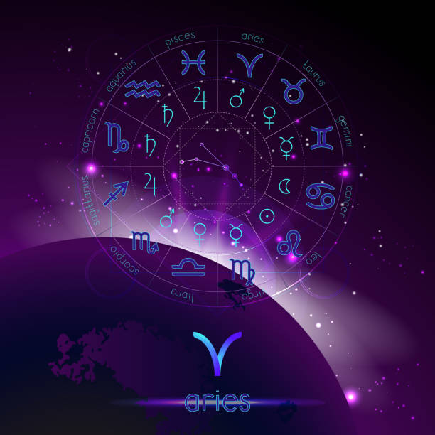 istock Vector illustration of sign and constellation ARIES and Horoscope circle with astrology pictograms against the space background. 1161349572