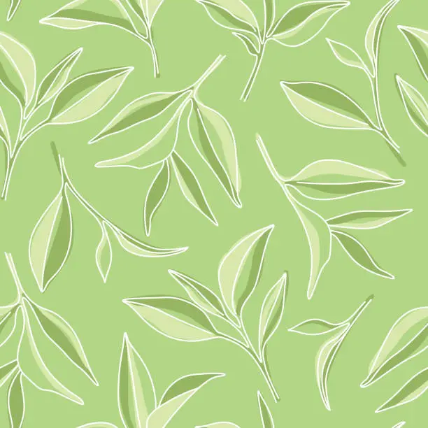 Vector illustration of Matcha Green Tea Leaves Graphic Pattern on Green Background