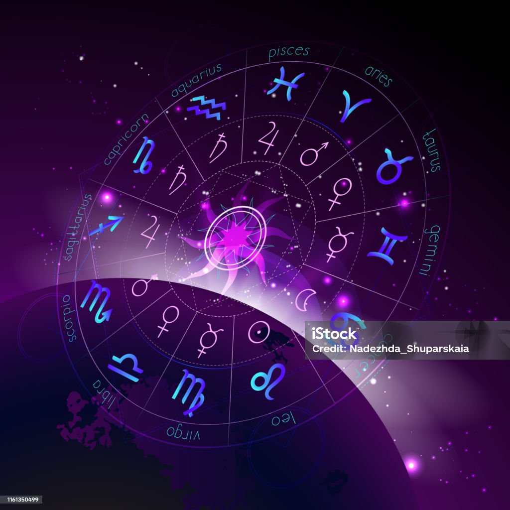 Vector illustration of Horoscope circle in perspective, Zodiac signs and pictograms astrology planets against the space background. Vector illustration of Horoscope circle in perspective, Zodiac signs and pictograms astrology planets against the space background with sunrise and geometry pattern. In blue and purple colors. Astrology Sign stock vector