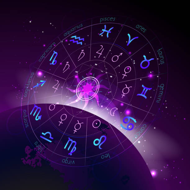 Vector illustration of Horoscope circle in perspective, Zodiac signs and pictograms astrology planets against the space background. Vector illustration of Horoscope circle in perspective, Zodiac signs and pictograms astrology planets against the space background with sunrise and geometry pattern. In blue and purple colors. jupiter stock illustrations