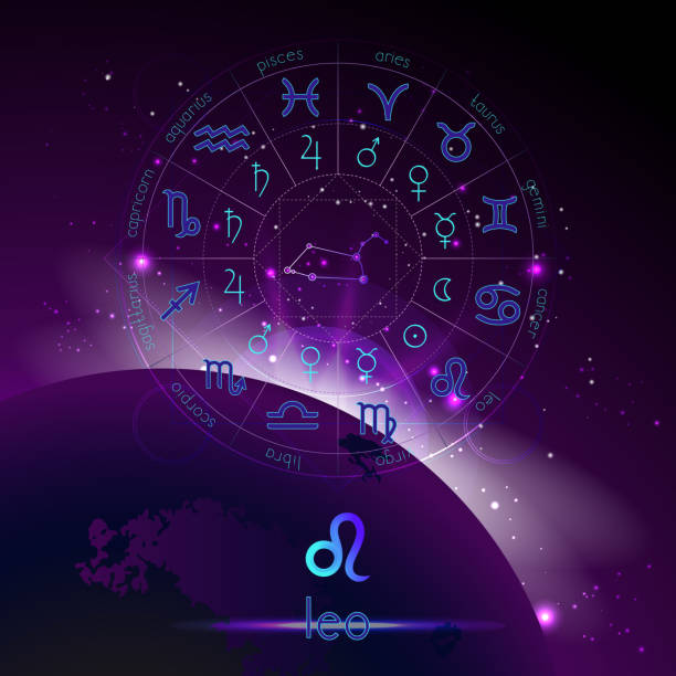 istock Vector illustration of sign and constellation LEO and Horoscope circle with astrology pictograms against the space background. 1161351107